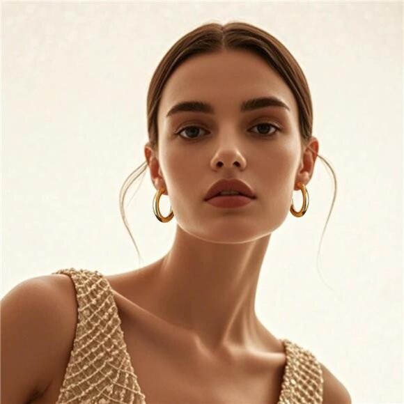 Chunky Gold Hoop Earrings for Women 14K Real Gold Plated, 925 Sterling Silver - Picture 5 of 7